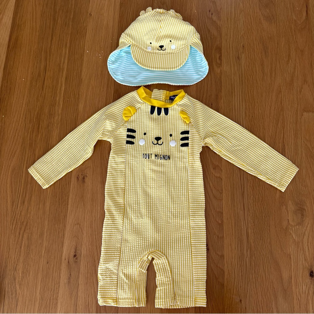 Sergent Major Cute Yellow Kids Swim One Piece with Hat 12-18 M